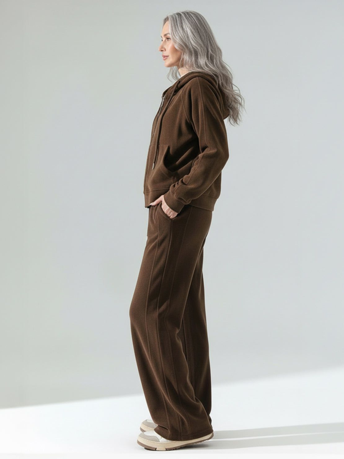 Chenille zip-up loungewear set with hoodie and wide-leg pants in soft, subtle sheen fabric
