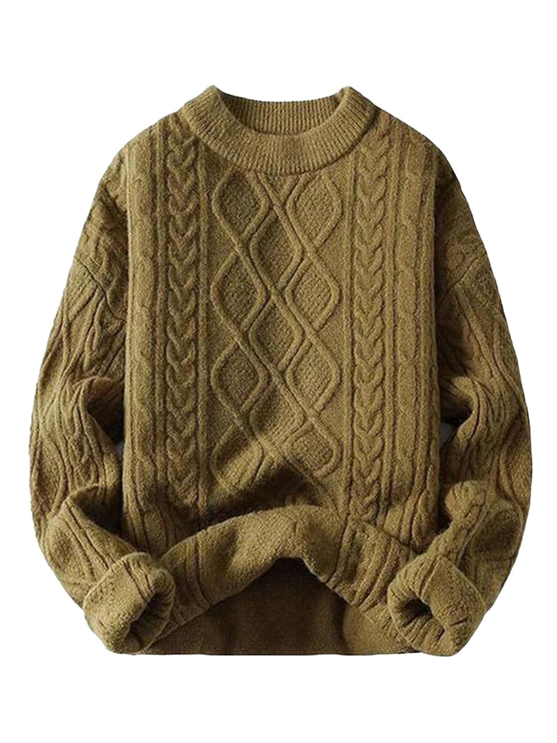 Oversized cable-knit crewneck sweater with dropped shoulders and textured diamond pattern in thick plush fabric