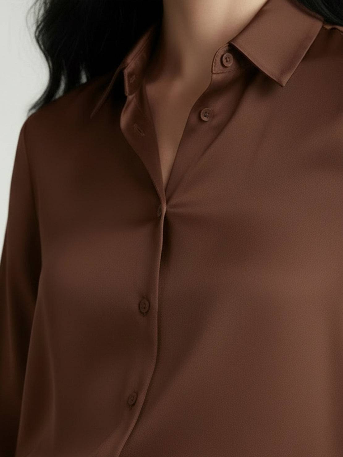 Silk-finish button front shirt with traditional collar and relaxed fit