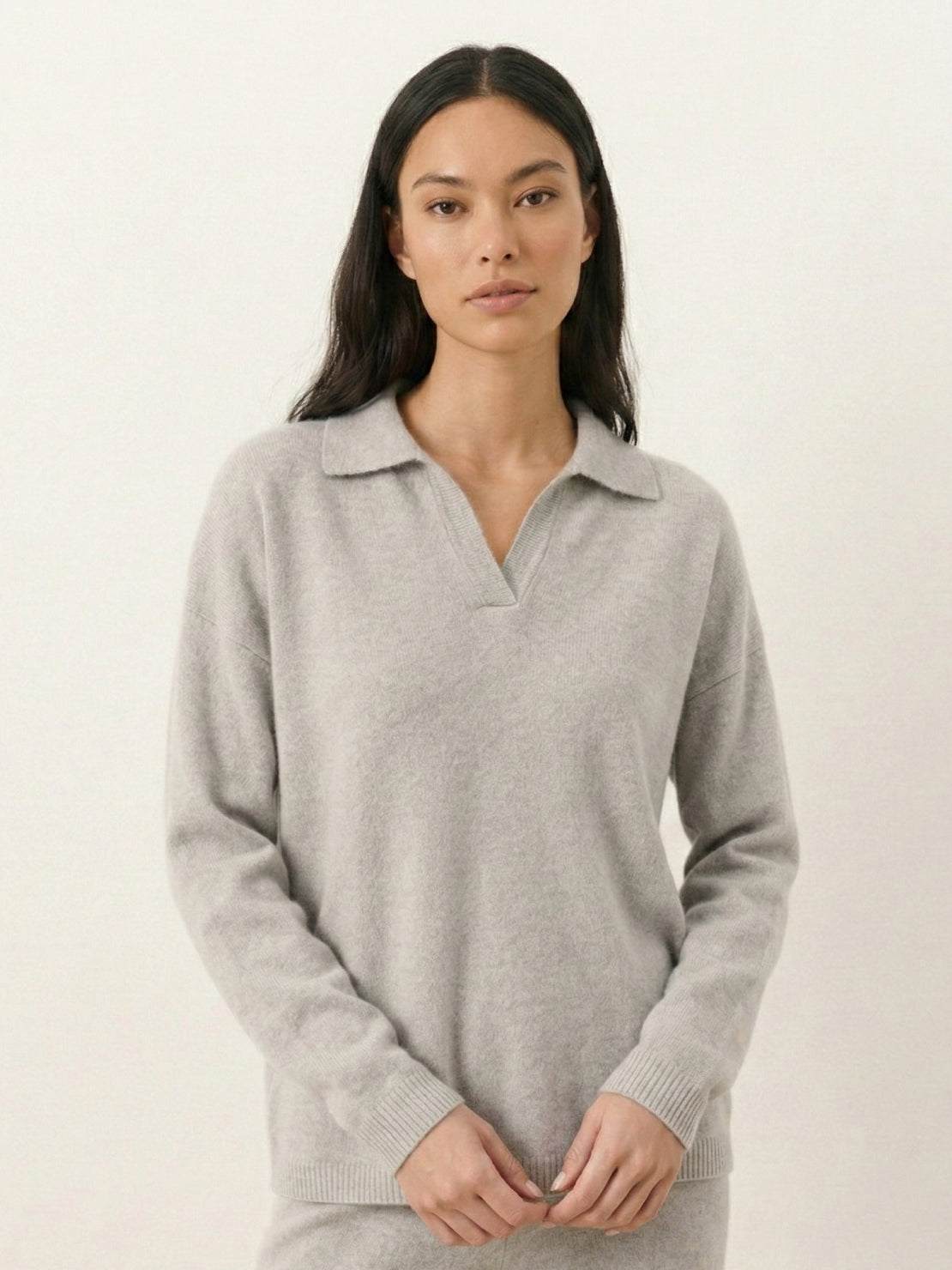 Oversized polo knit loungewear set with soft V-neck collar and straight-leg pants