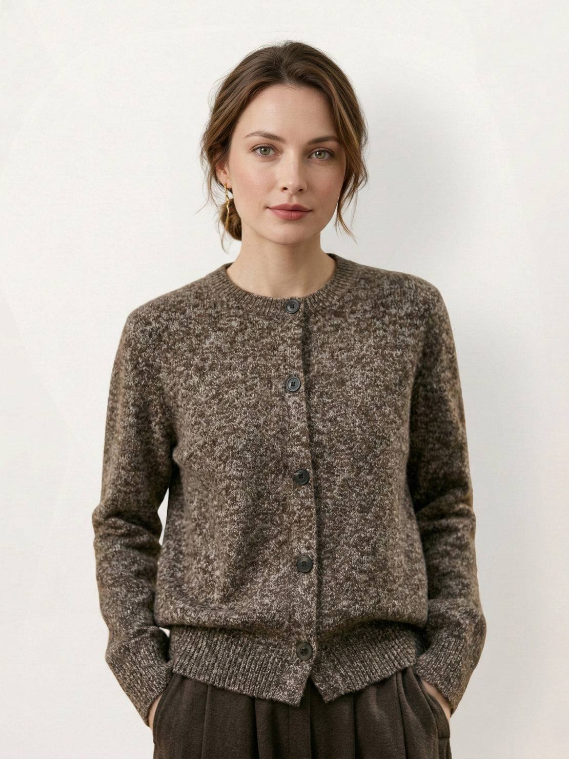 Marled knit merino wool cardigan with contrasting buttons and ribbed cuffs
