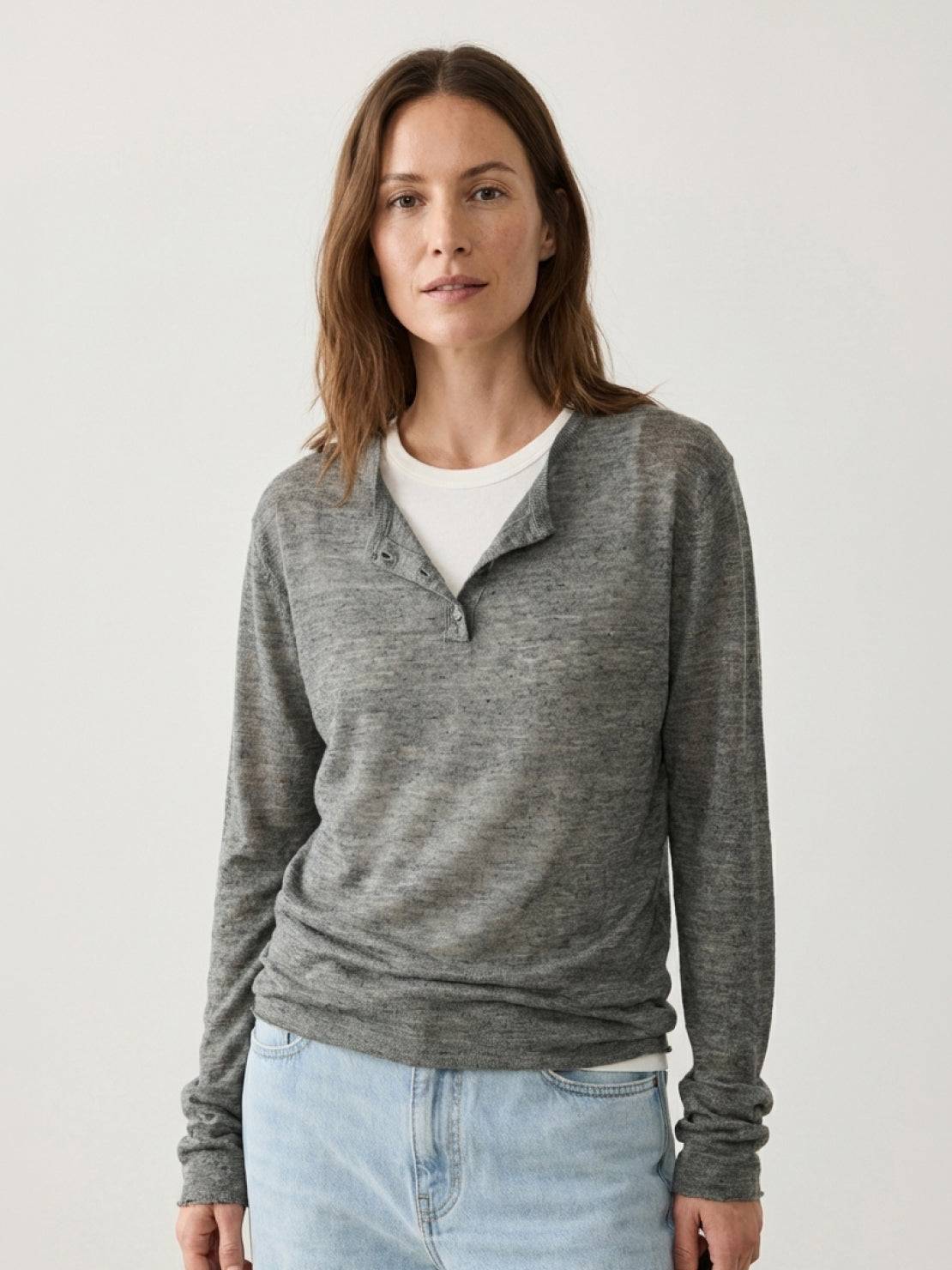 Organic Linen Henley Top with fine knit, relaxed fit, and side slits in neutral heathered fabric