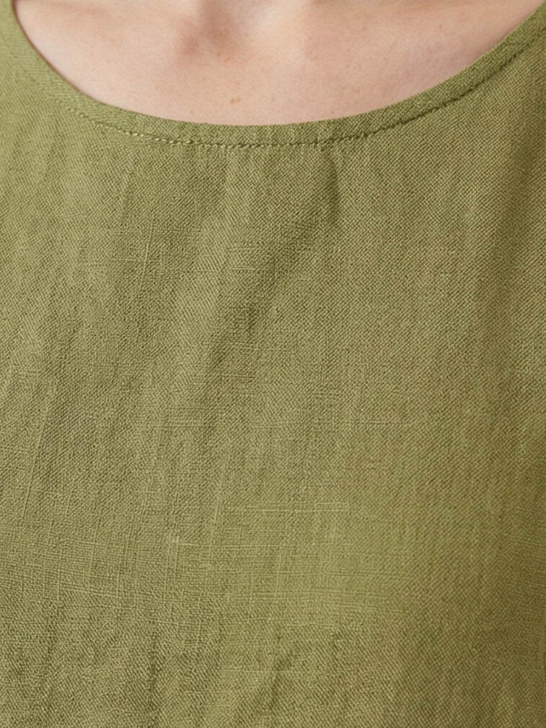 Lightweight cotton linen sleeveless maxi dress with round neckline and flowing ankle-length silhouette