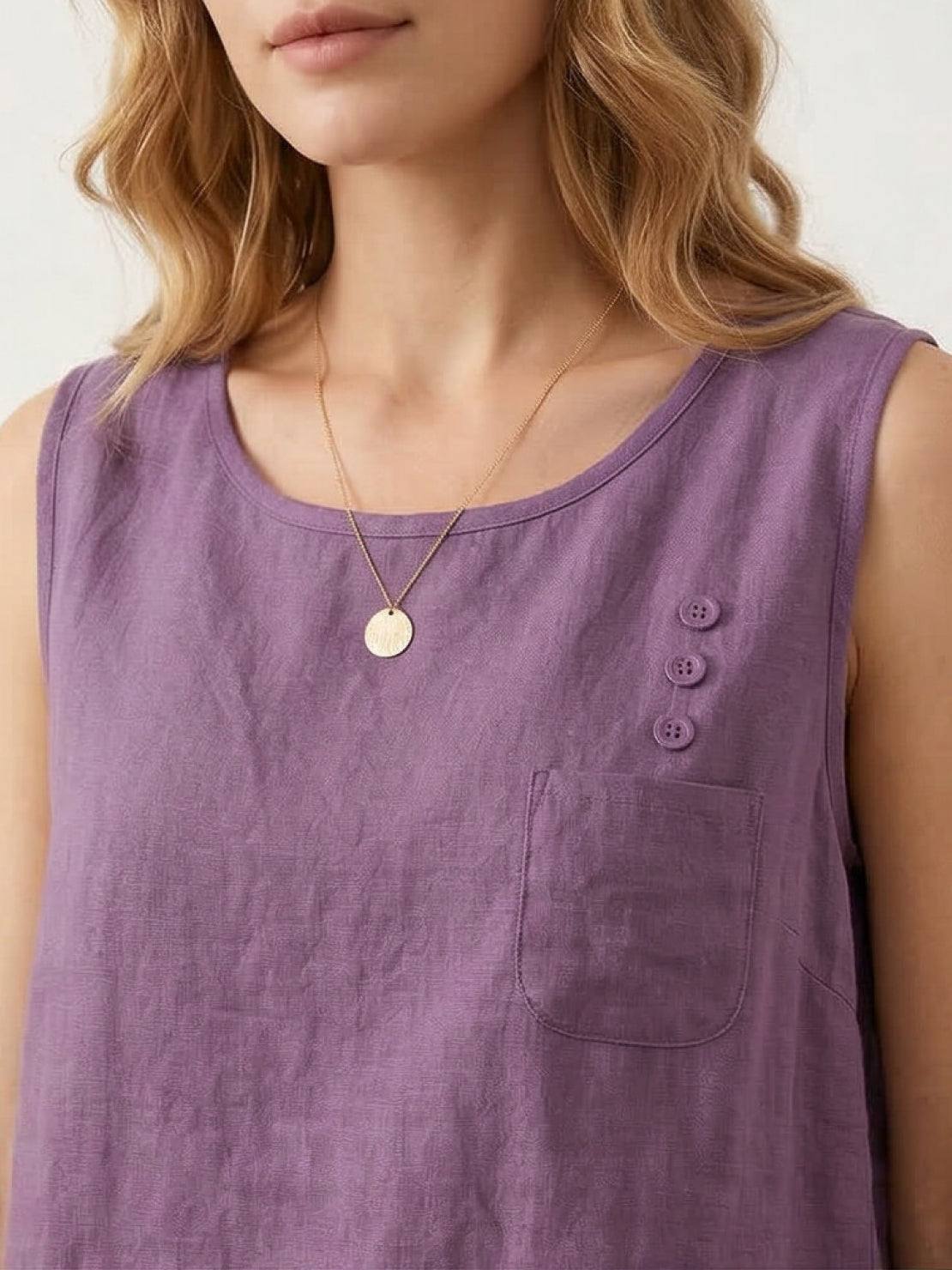 Lightweight sleeveless cotton linen top with curved hem and chest pocket detail