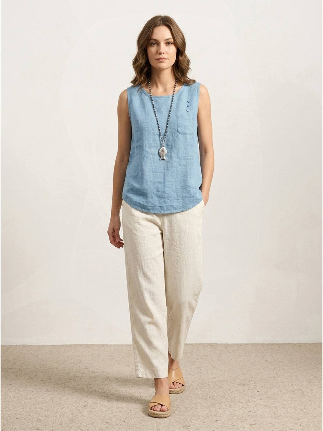 Lightweight 100% cotton linen sleeveless top with chest pocket and curved hem