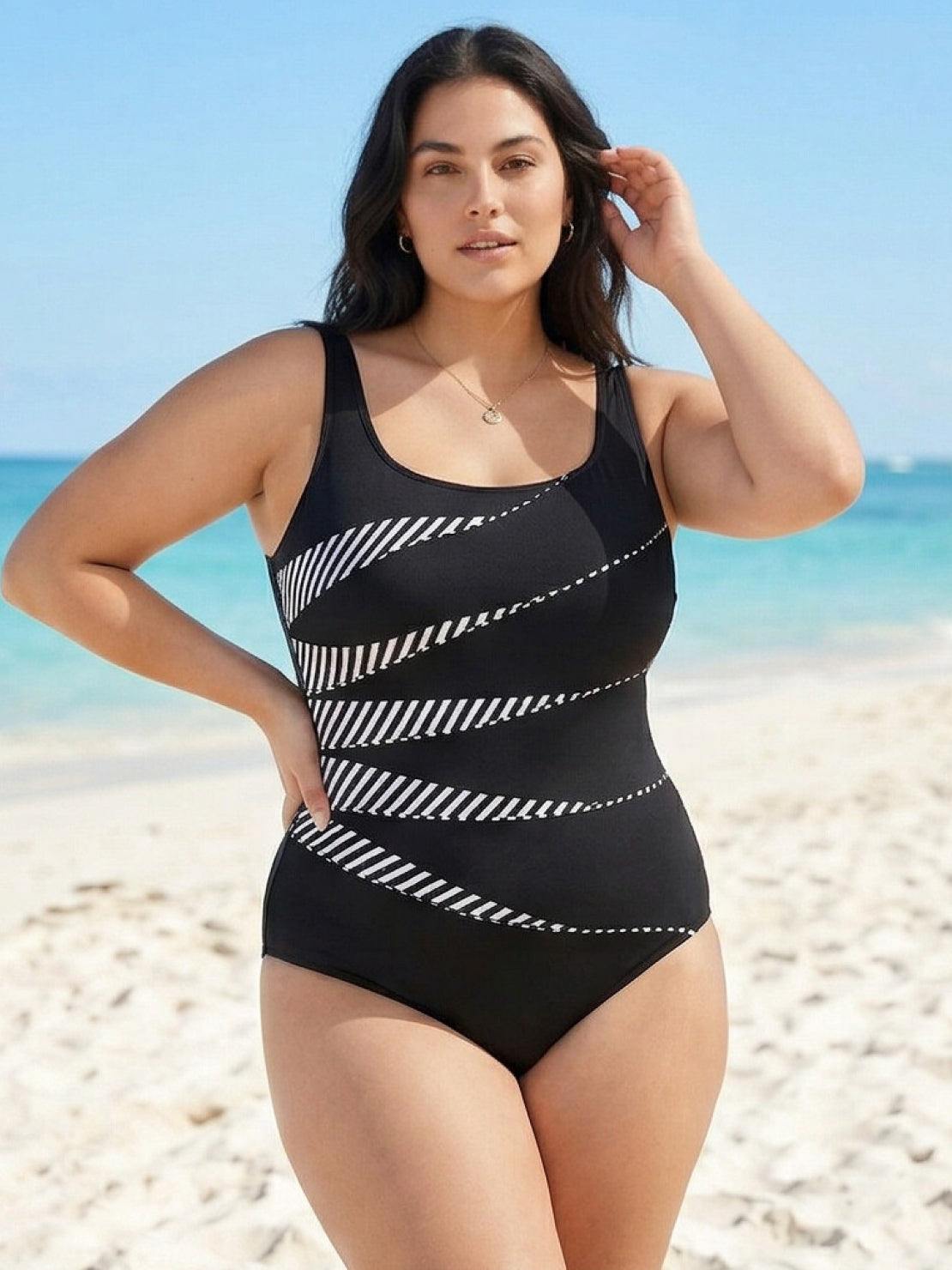 Curve-Fit Open-Back Swimsuit with scoop front, adjustable straps, and diagonal back panels in black polyester fabric