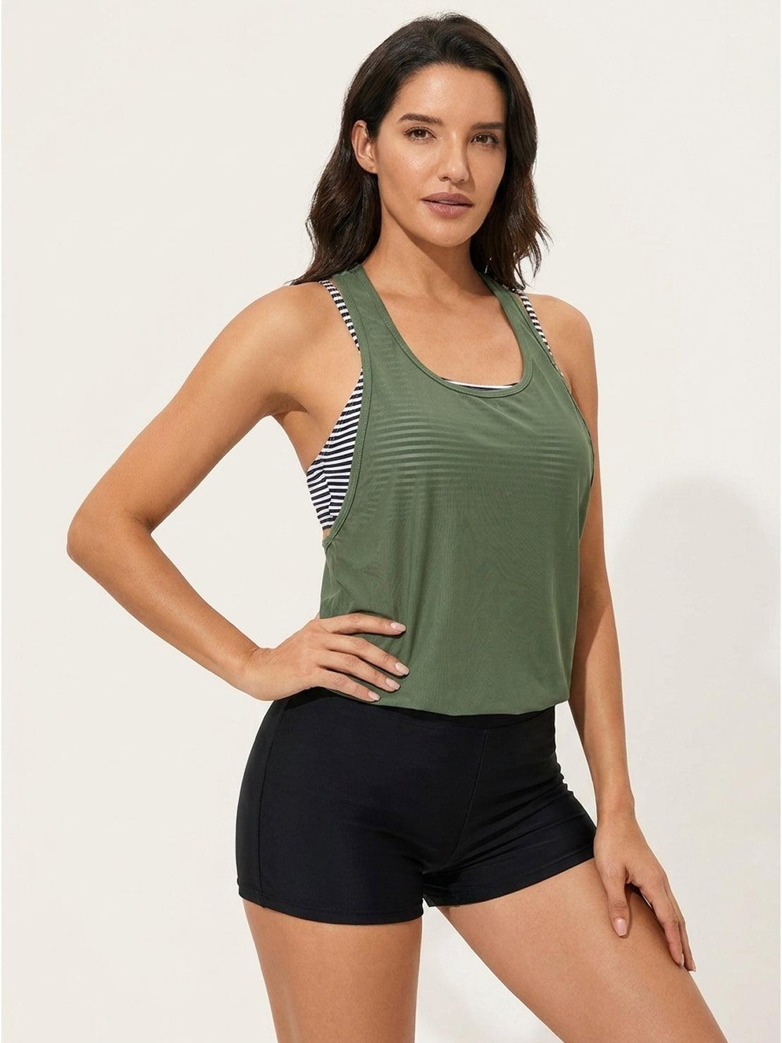 Three-piece open-back swim set with loose tank, racerback crop bra, and mid-rise swim shorts