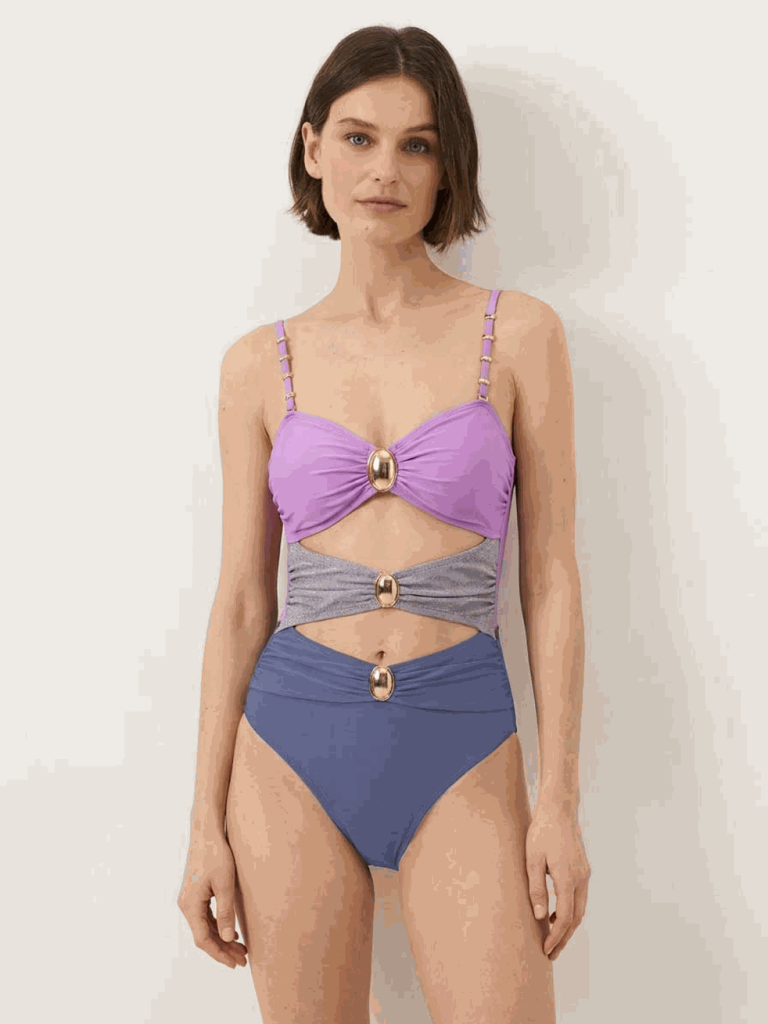 Gold-detail cutout one-piece swimsuit with ruched panels and midi wrap skirt beachwear set