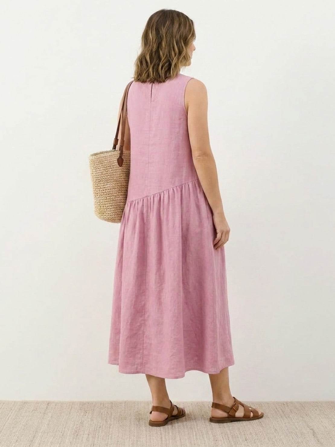 Lightweight cotton-linen summer midi dress with tiered skirt and relaxed fit
