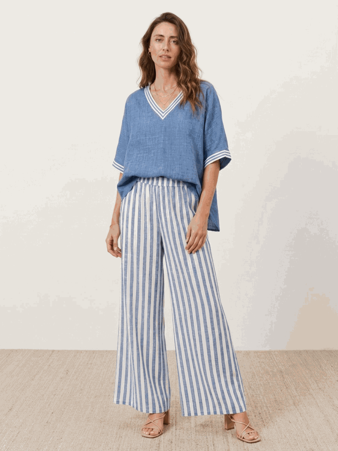 Striped wide-leg co-ord set with oversized top and palazzo pants featuring contrast stripe trim and elastic waistband