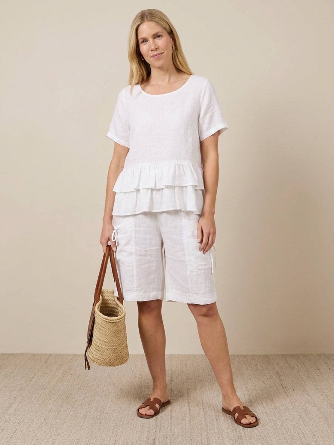 Cotton relaxed shorts and matching ruffle-detail top summer co-ord set with pockets