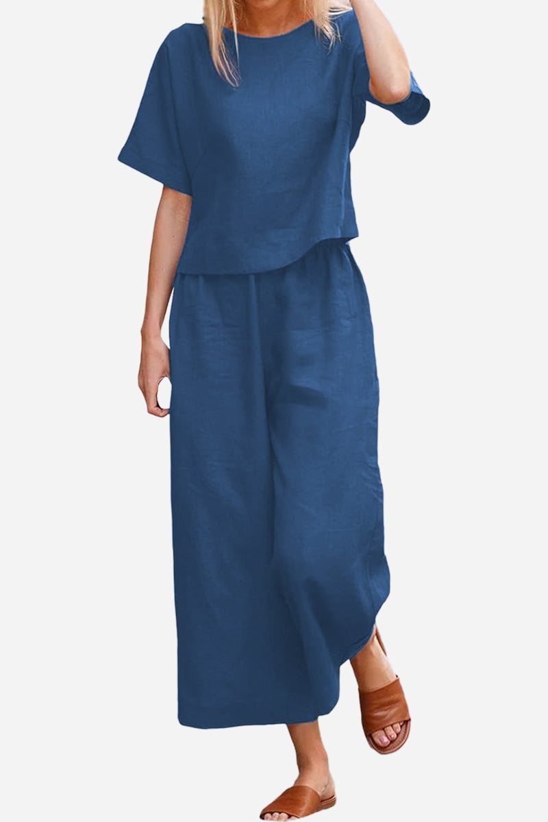 Lightweight Breezy Meadow Two-Piece Set with relaxed top and wide-leg trousers in crumpled polyester fabric