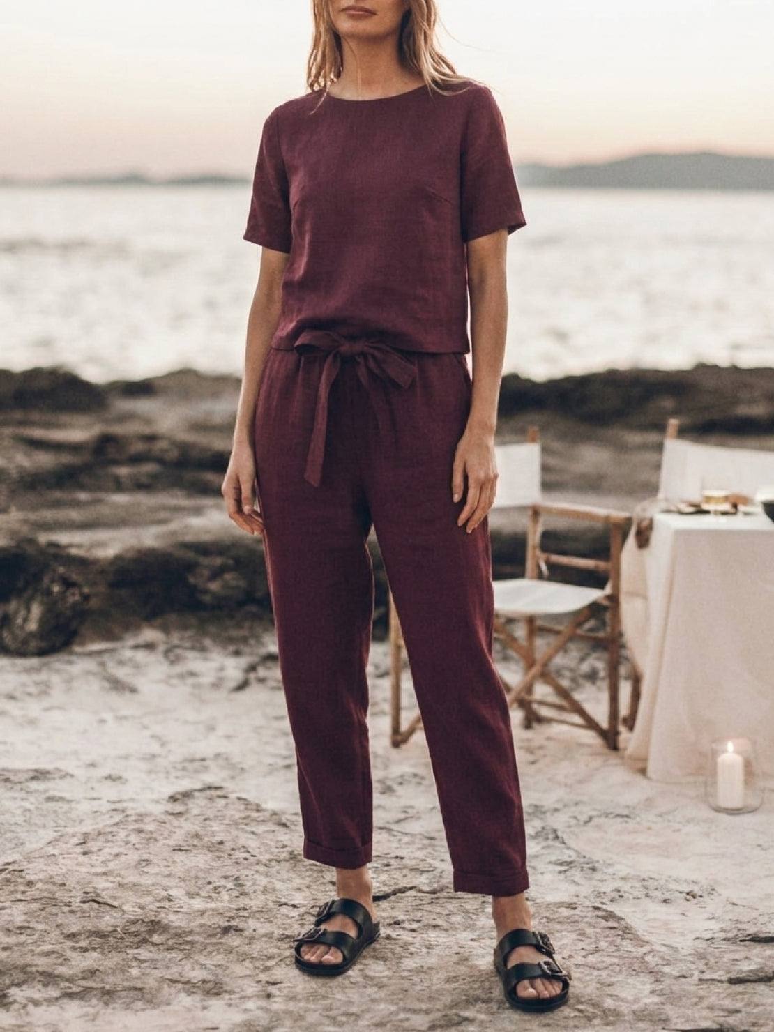 Cotton-linen set with relaxed short-sleeve top and straight-leg pants in monochrome breathable fabric