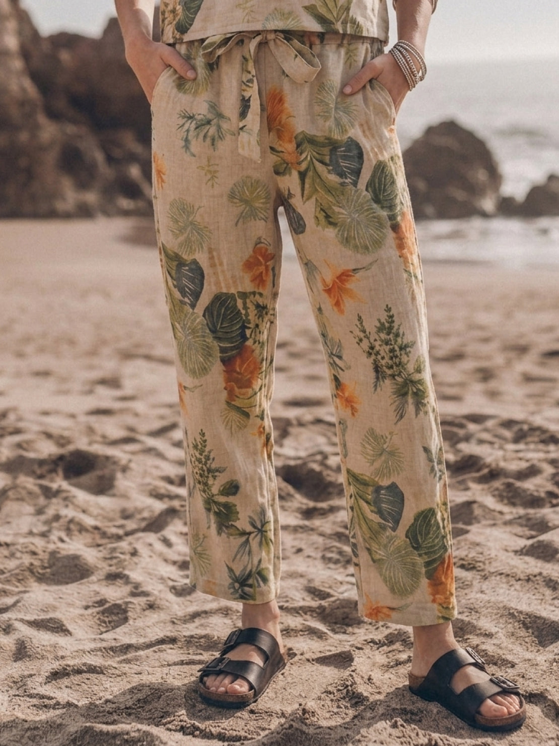 Cotton-linen set with relaxed short-sleeve top and straight-leg pants in breathable natural fabric