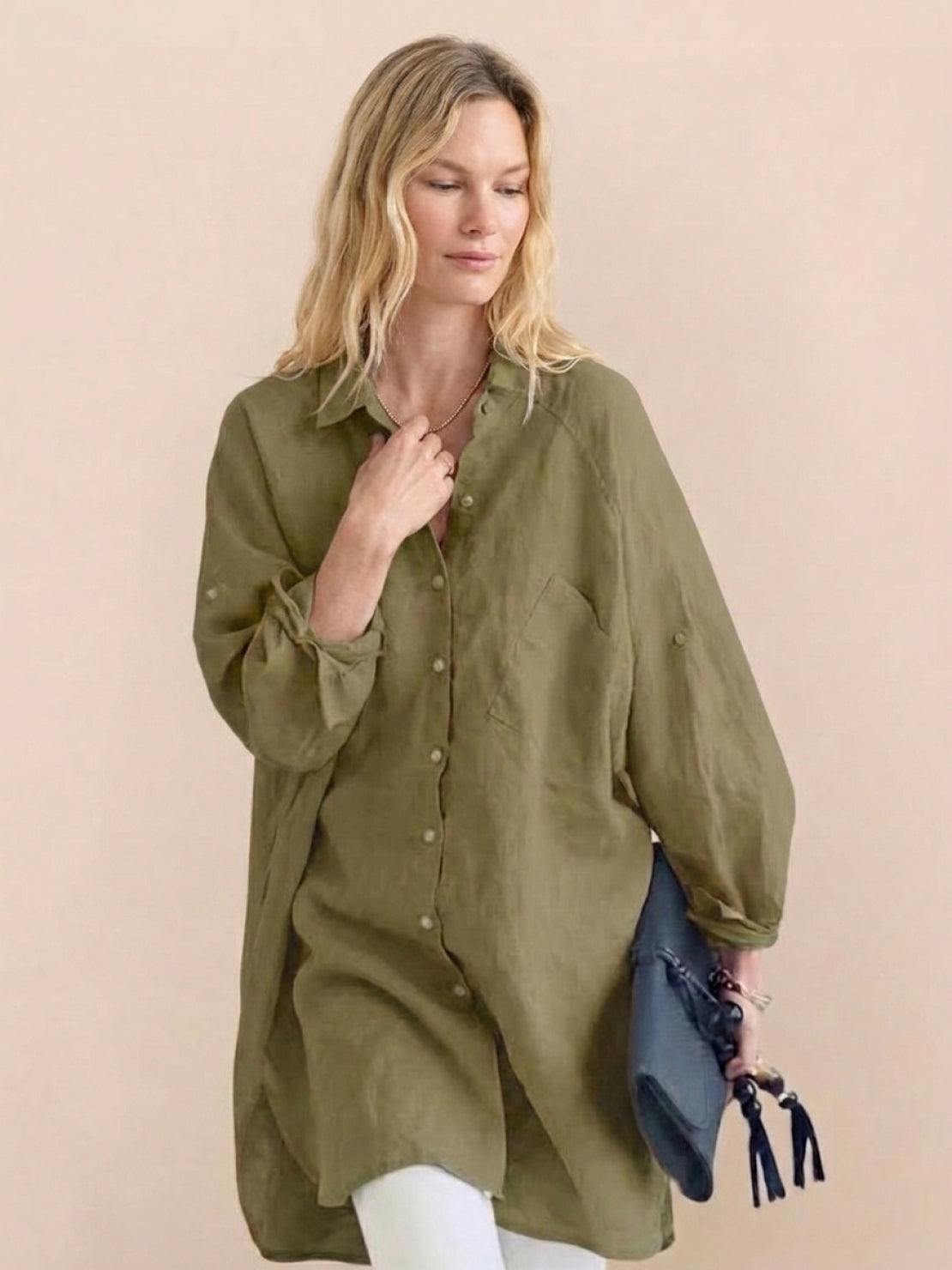 Oversized linen shirt in breathable cotton-linen blend with relaxed fit and button back detail