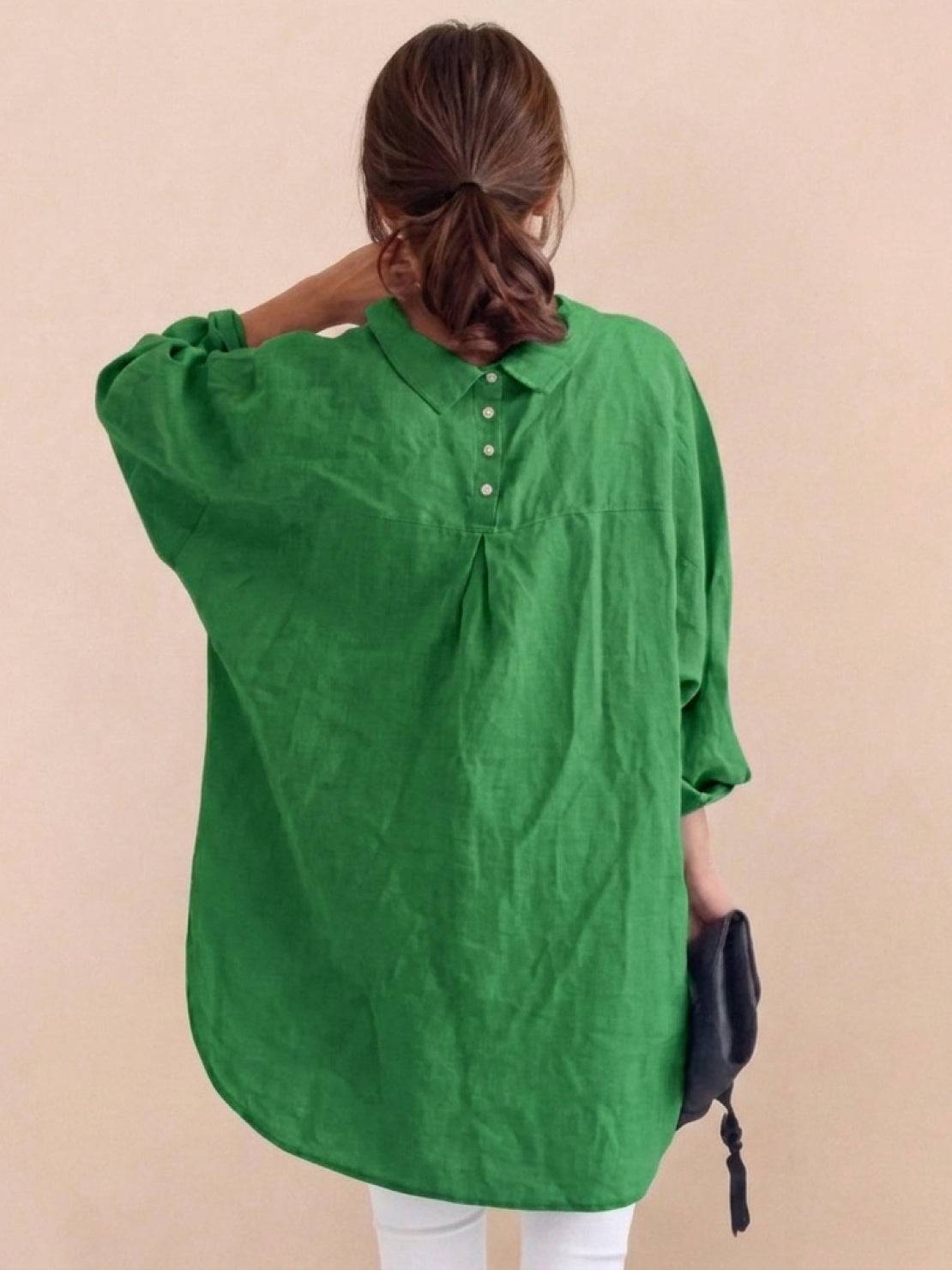 relaxed oversized 100% cotton linen shirt with dropped shoulders and back pleat detail