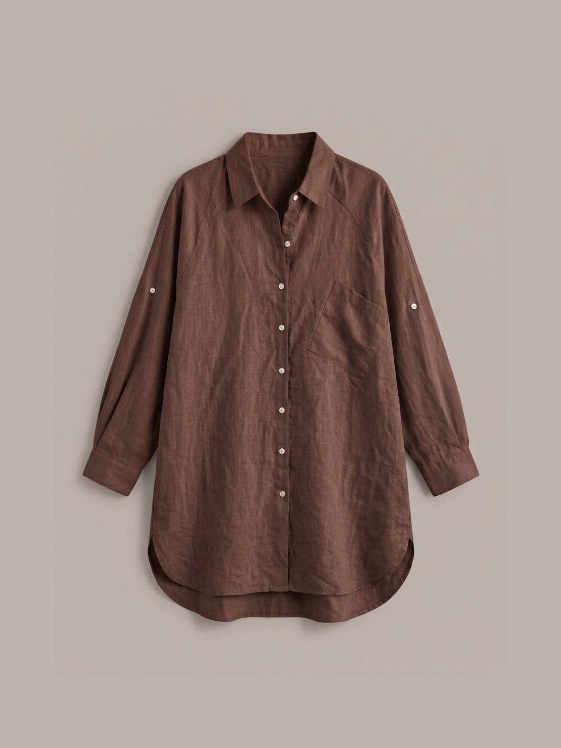 oversized 100% cotton linen shirt with relaxed fit, dropped shoulders, and back pleat detail