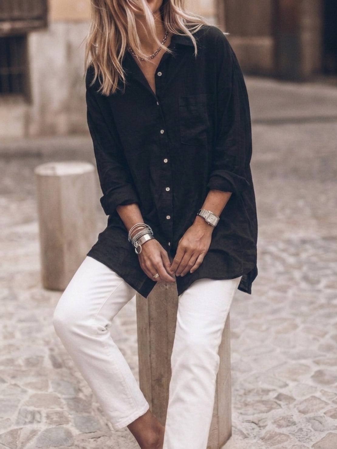 Relaxed oversized 100% cotton linen shirt with dropped shoulders and back pleat detail