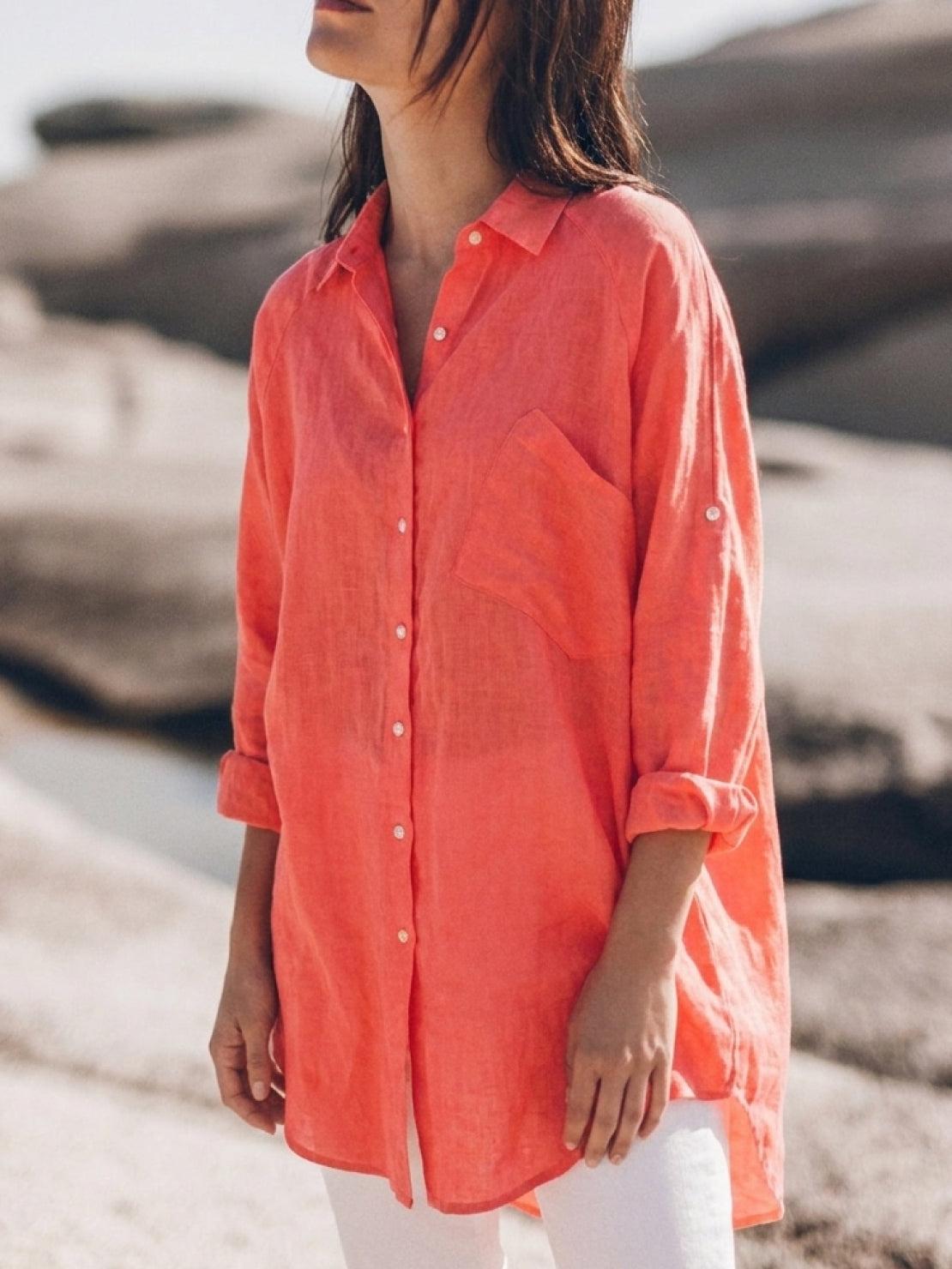 relaxed oversized 100% cotton linen shirt with dropped shoulders and back pleat detail on white background