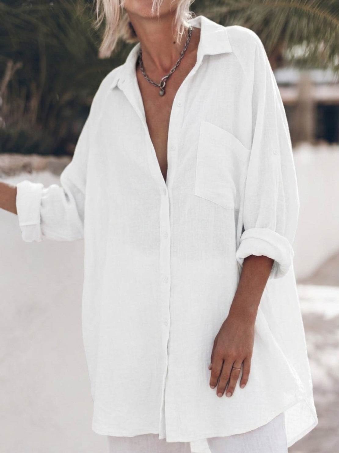 Relaxed oversized 100% cotton linen shirt with dropped shoulders and back pleat detail