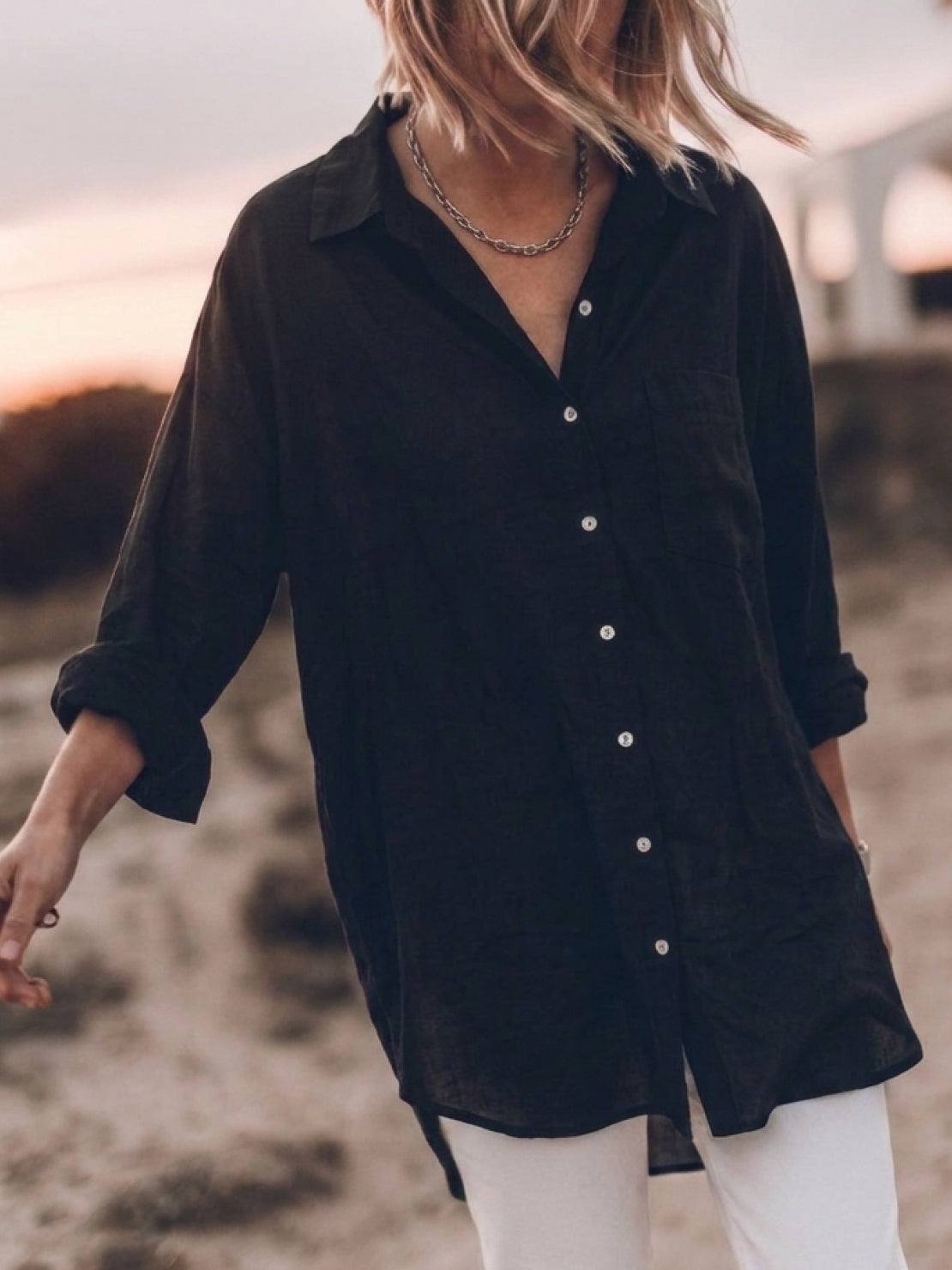 oversized relaxed cotton linen shirt with dropped shoulders and back pleat detail