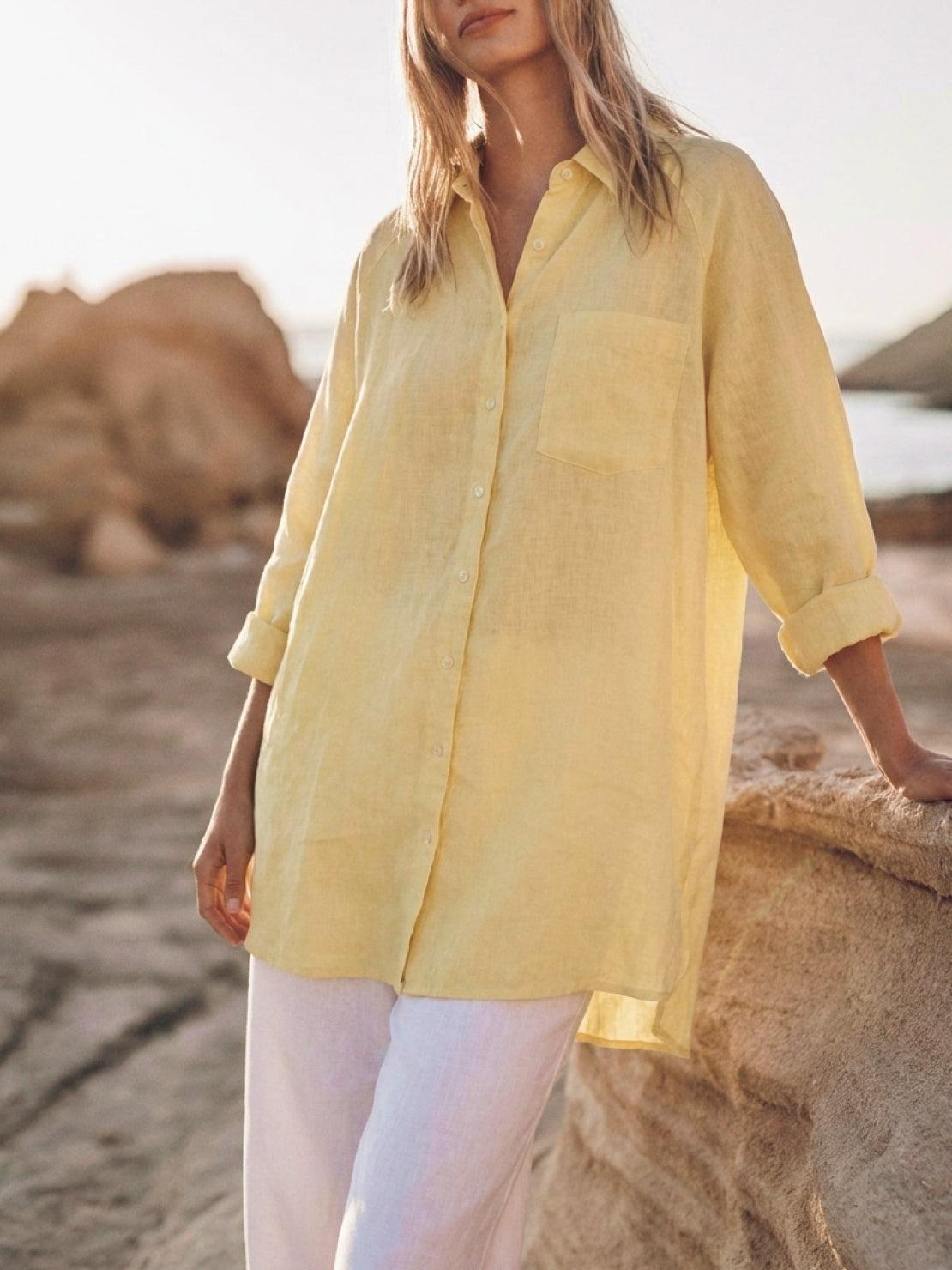 oversized relaxed cotton linen shirt with dropped shoulders and back pleat detail