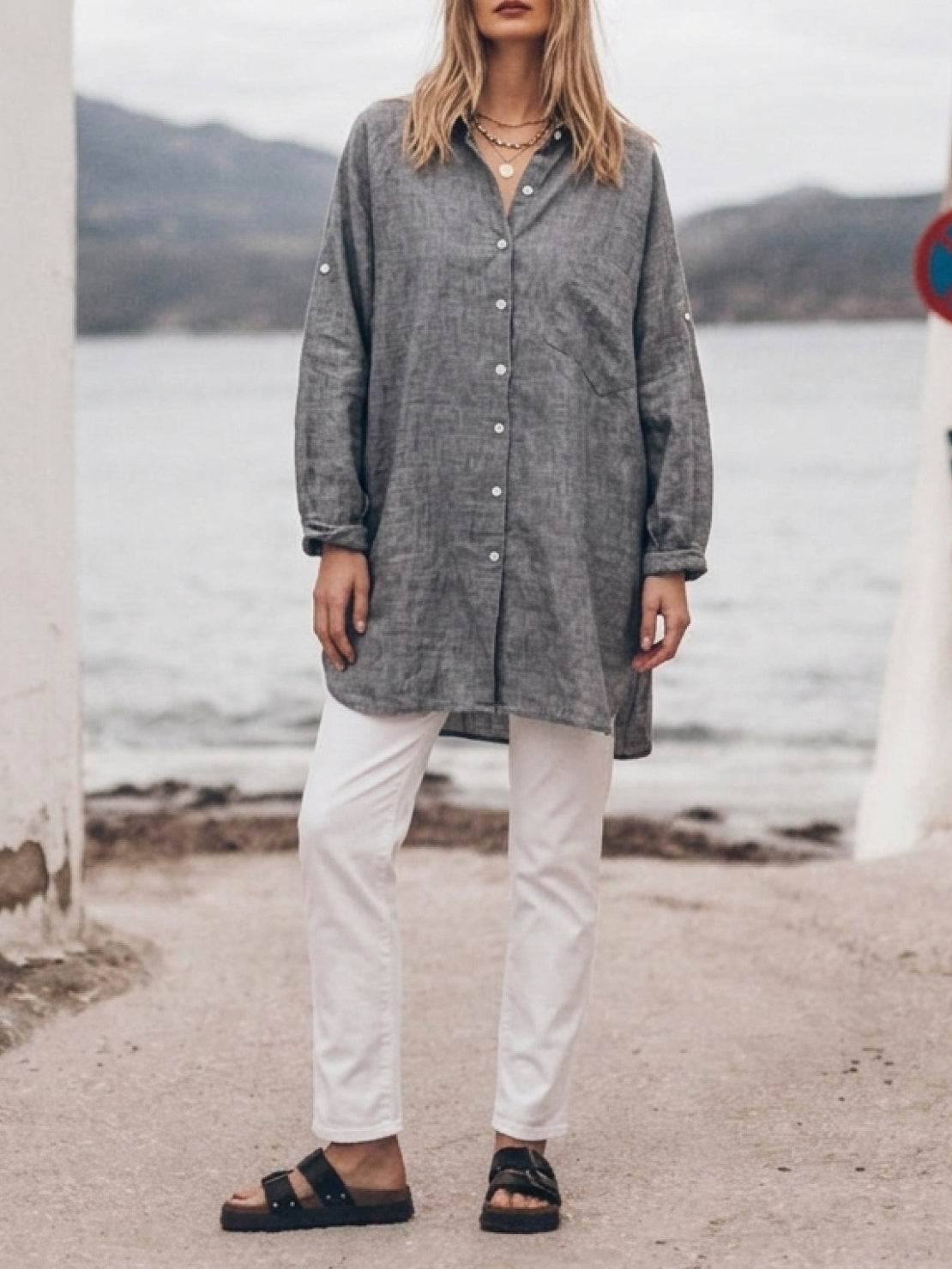 oversized relaxed cotton linen shirt with dropped shoulders and back pleat detail