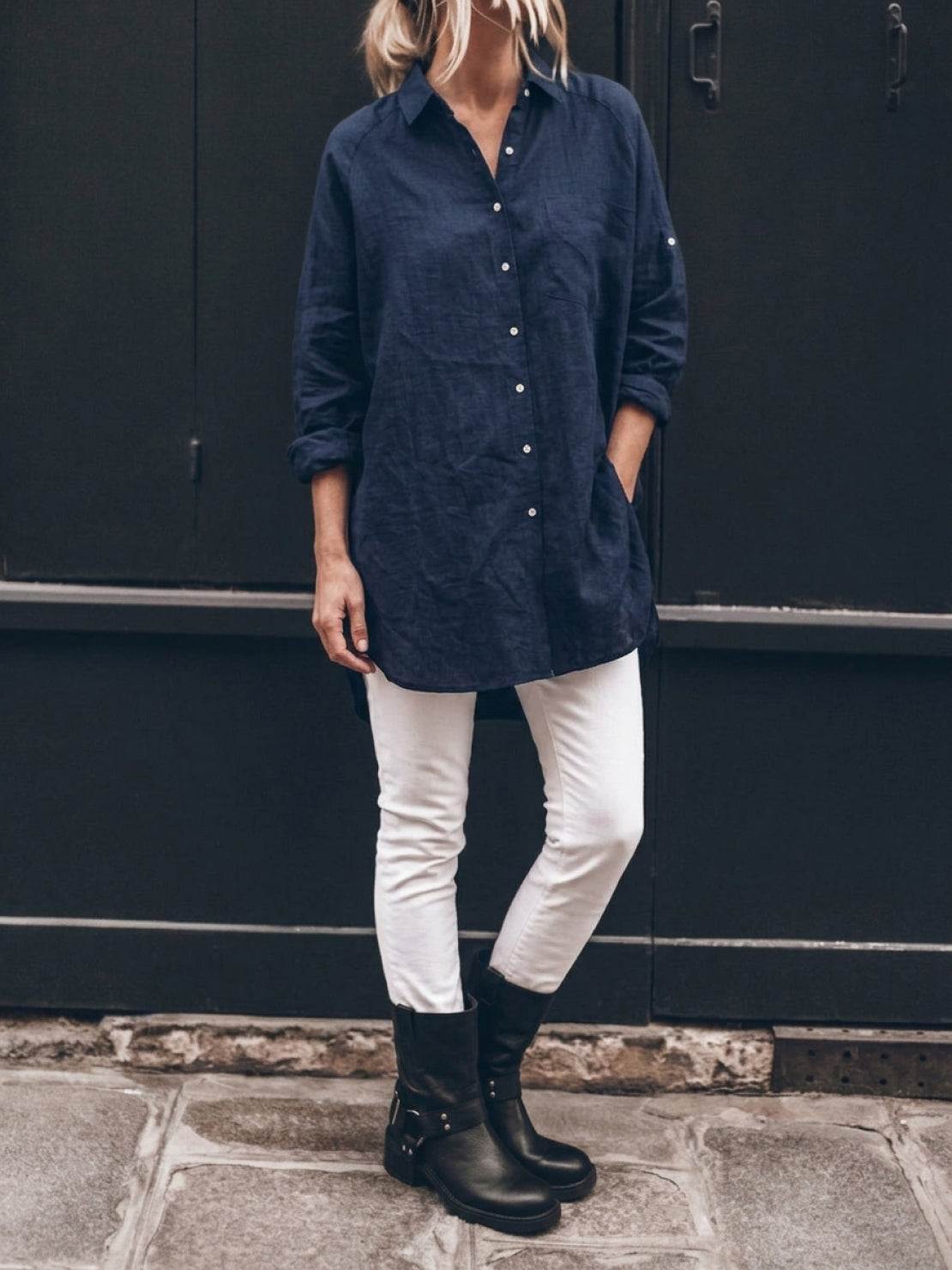 Oversized relaxed cotton linen shirt with dropped shoulders and back pleat detail