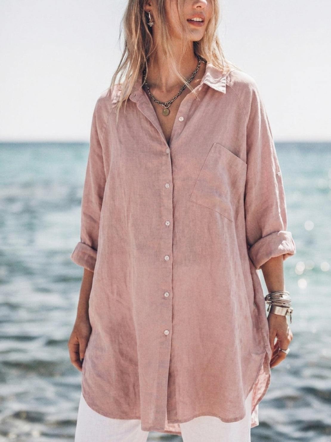 oversized relaxed cotton linen shirt with dropped shoulders and back pleat detail