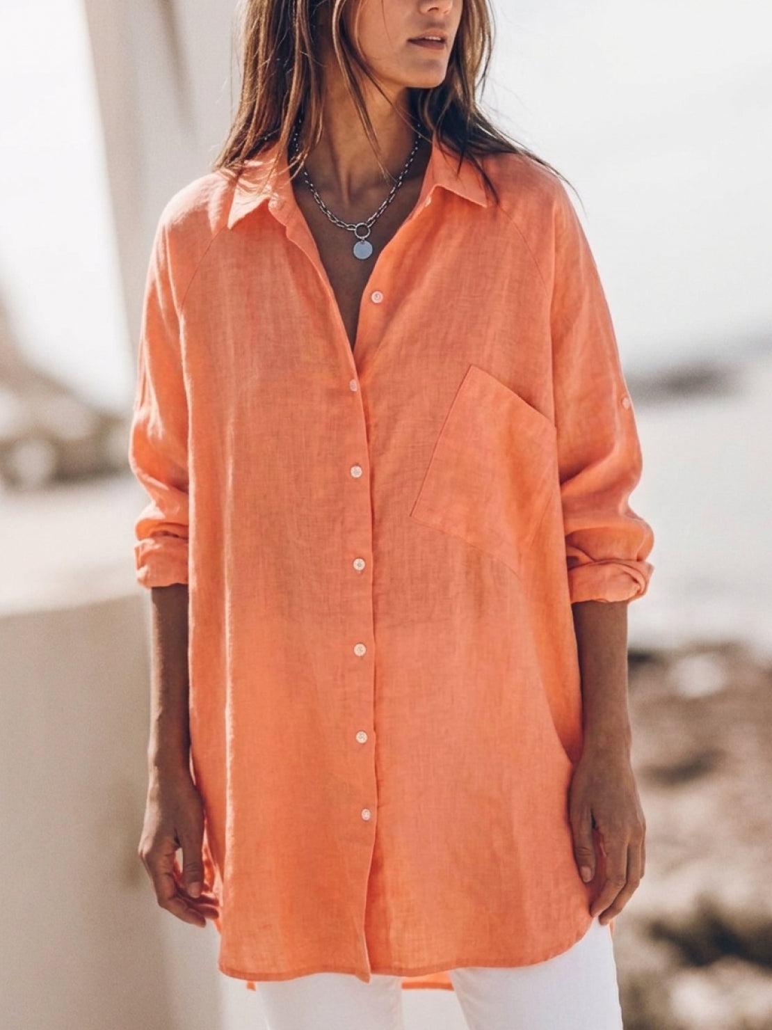 relaxed oversized 100% cotton linen shirt with dropped shoulders and signature back pleat detail