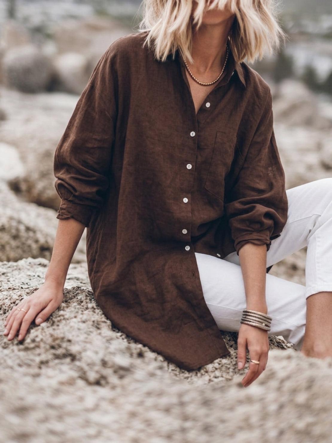 Relaxed oversized 100% cotton linen shirt with dropped shoulders and back pleat detail