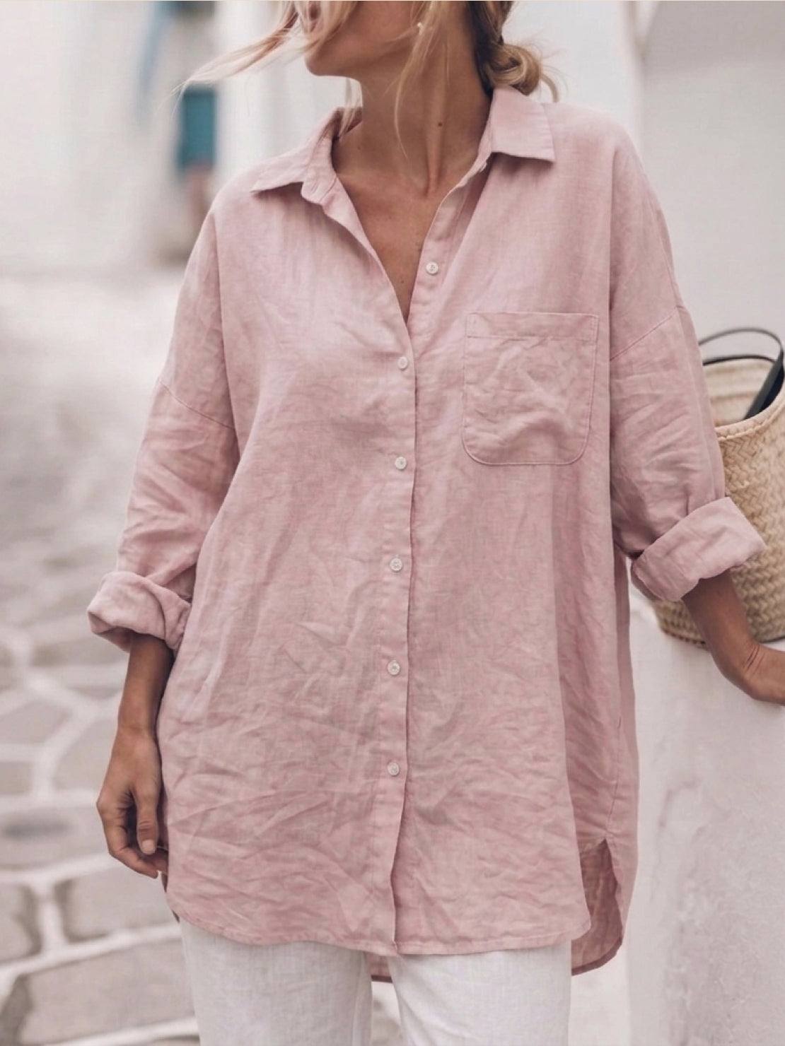 relaxed oversized 100% cotton linen shirt with dropped shoulders and back pleat detail
