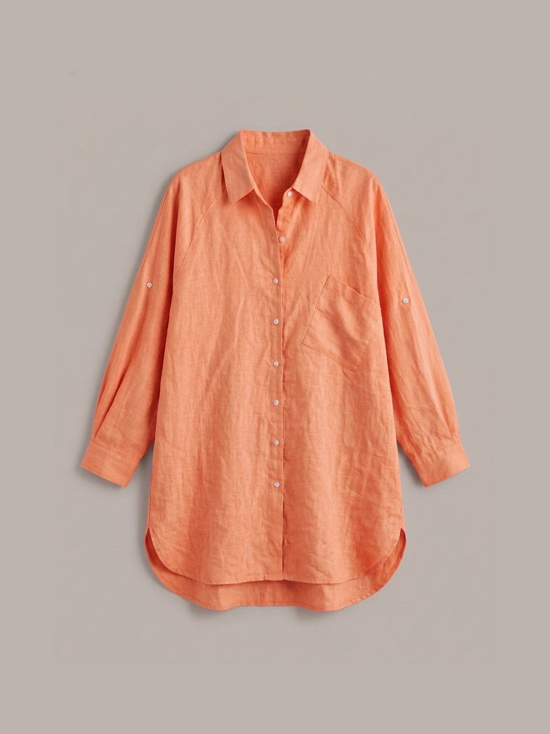relaxed oversized 100% cotton linen shirt with dropped shoulders and back pleat detail