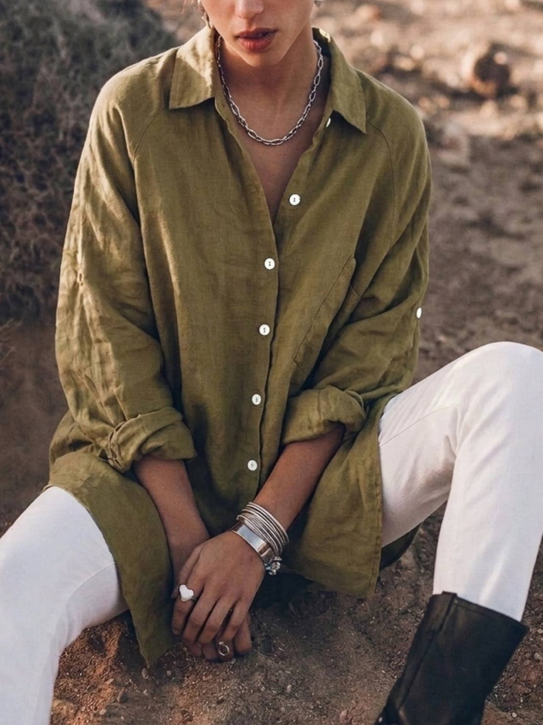 Relaxed oversized 100% cotton linen shirt with dropped shoulders and back pleat detail