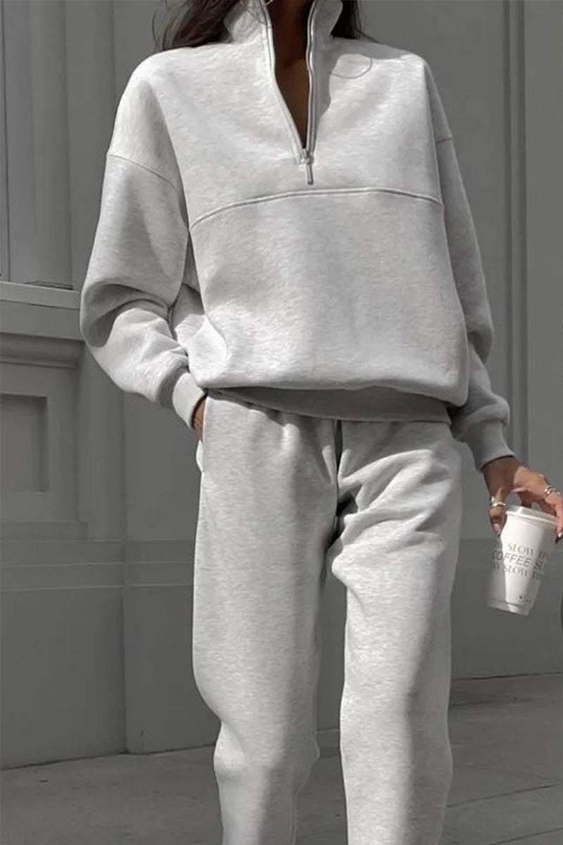 Classic Airplane Set light gray cotton blend tracksuit with half zipper pullover and tapered joggers for casual travel wear