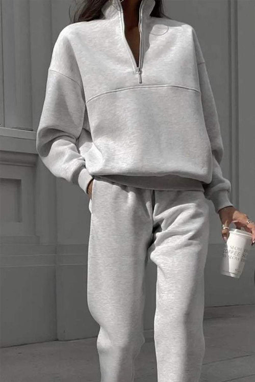 Classic Airplane Set light gray cotton blend tracksuit with half zipper pullover and tapered joggers for casual travel wear