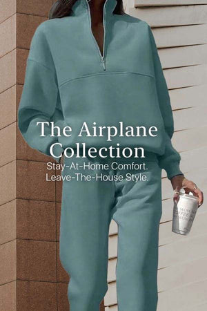Classic Airplane Set soft cotton blend two-piece tracksuit in mint green with high collar and zipper neck for comfortable travel and casual style