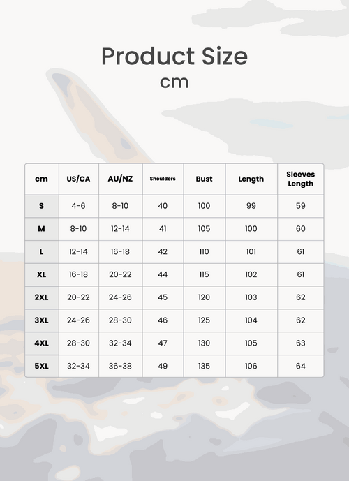 Oversized long zip sweatshirt size chart with measurements in cm for shoulders, bust, length, and sleeves