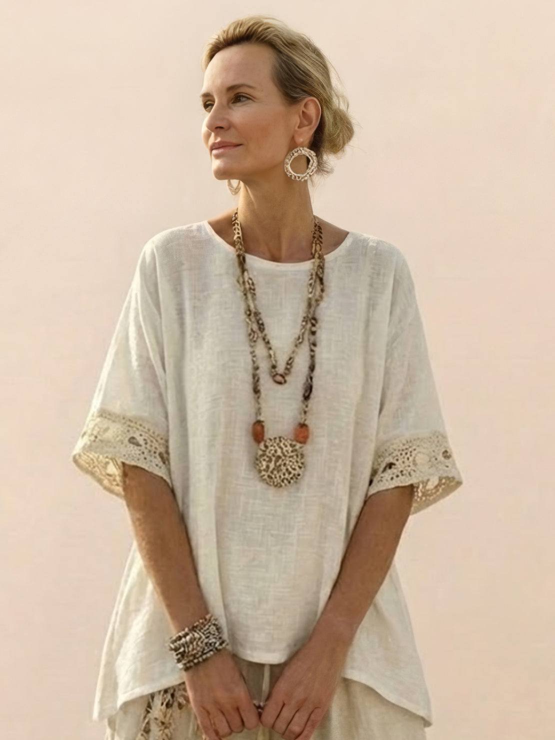 Coastal Comfort Linen two-piece set with crochet lace and breathable fabric on white background