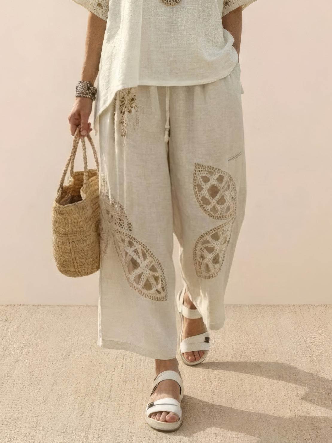 Coastal Comfort Linen two-piece set with lace details and breathable fabric on model