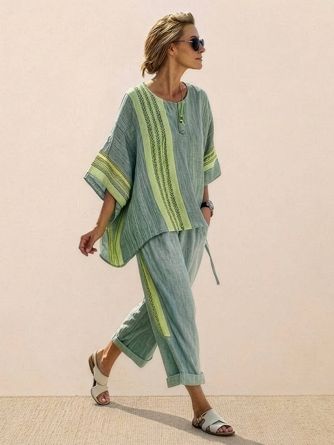 Coastal Comfort Linen two-piece set with breathable linen and bohemian lace details