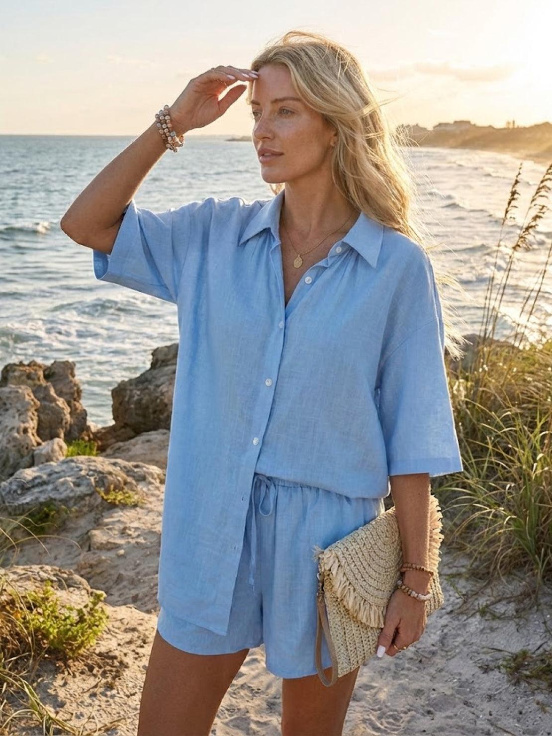 Coastal Linen Cotton two-piece set with breathable cotton-linen blend fabric and relaxed fit.
