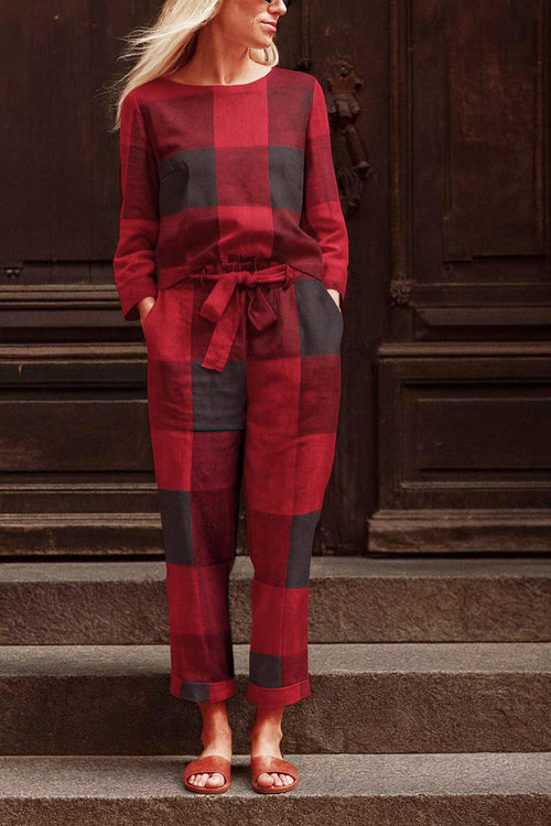 Woman wearing red and black checkered cotton-linen monochrome longline top and wide-leg pants set