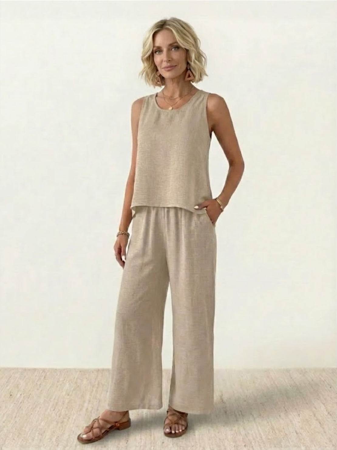 Dreamcatcher Crochet-Back two-piece set with asymmetric top and wide-leg palazzo pants in linen-look fabric