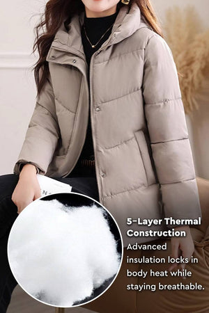 Everyday Warmth Coat mid-length hooded coat with 5-layer thermal insulation and wind-resistant shell