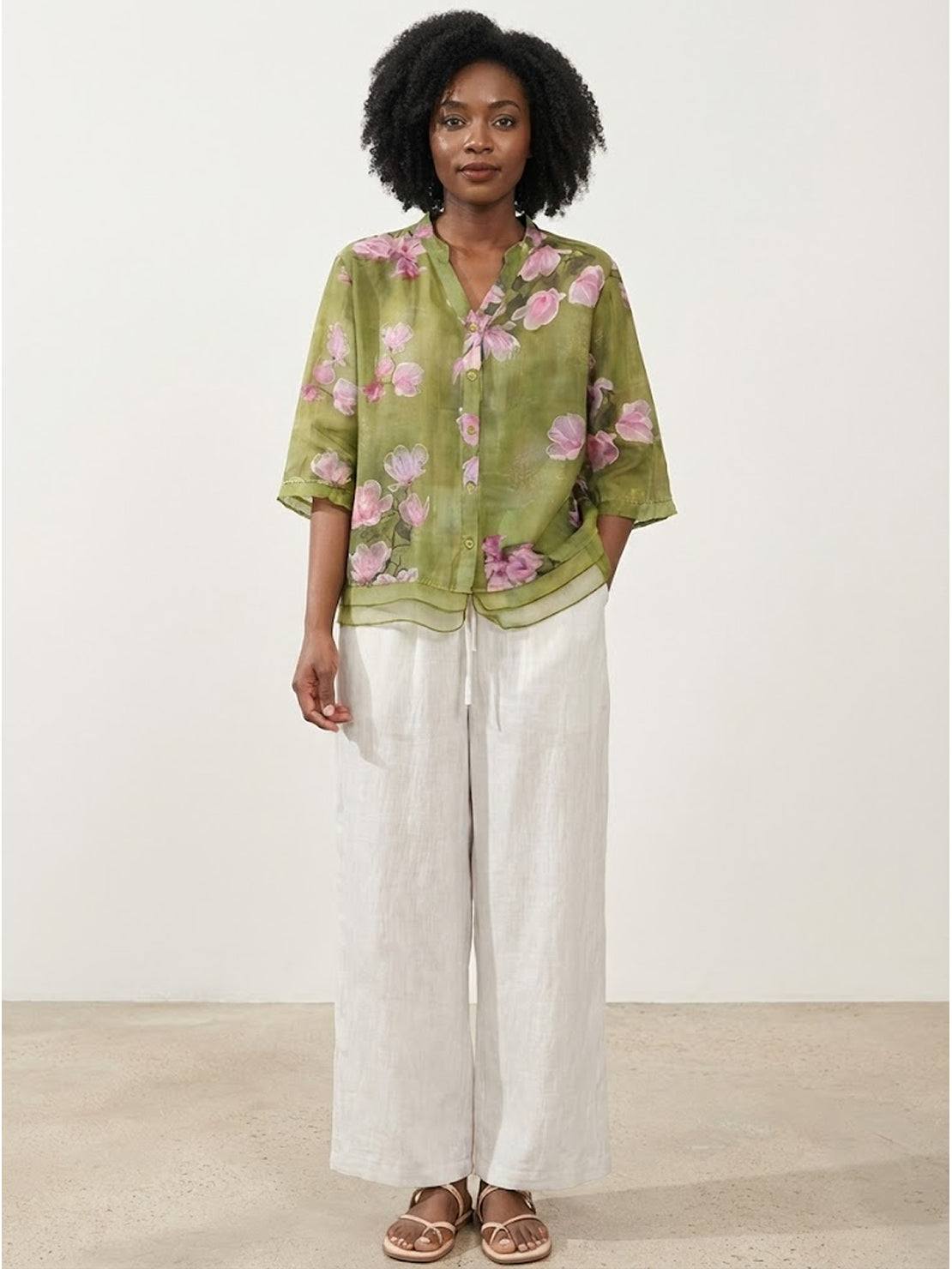 French boutique style elegant organza floral print blouse with lightweight breathable fabric