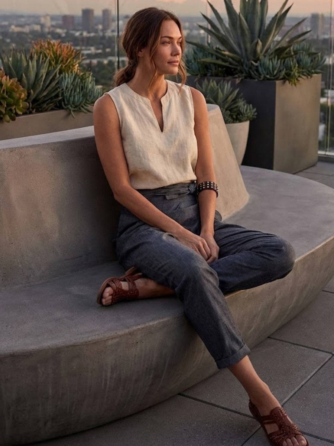 Woman wearing stylish high-waist wrapped comfy pants with a loose fit and breathable fabric