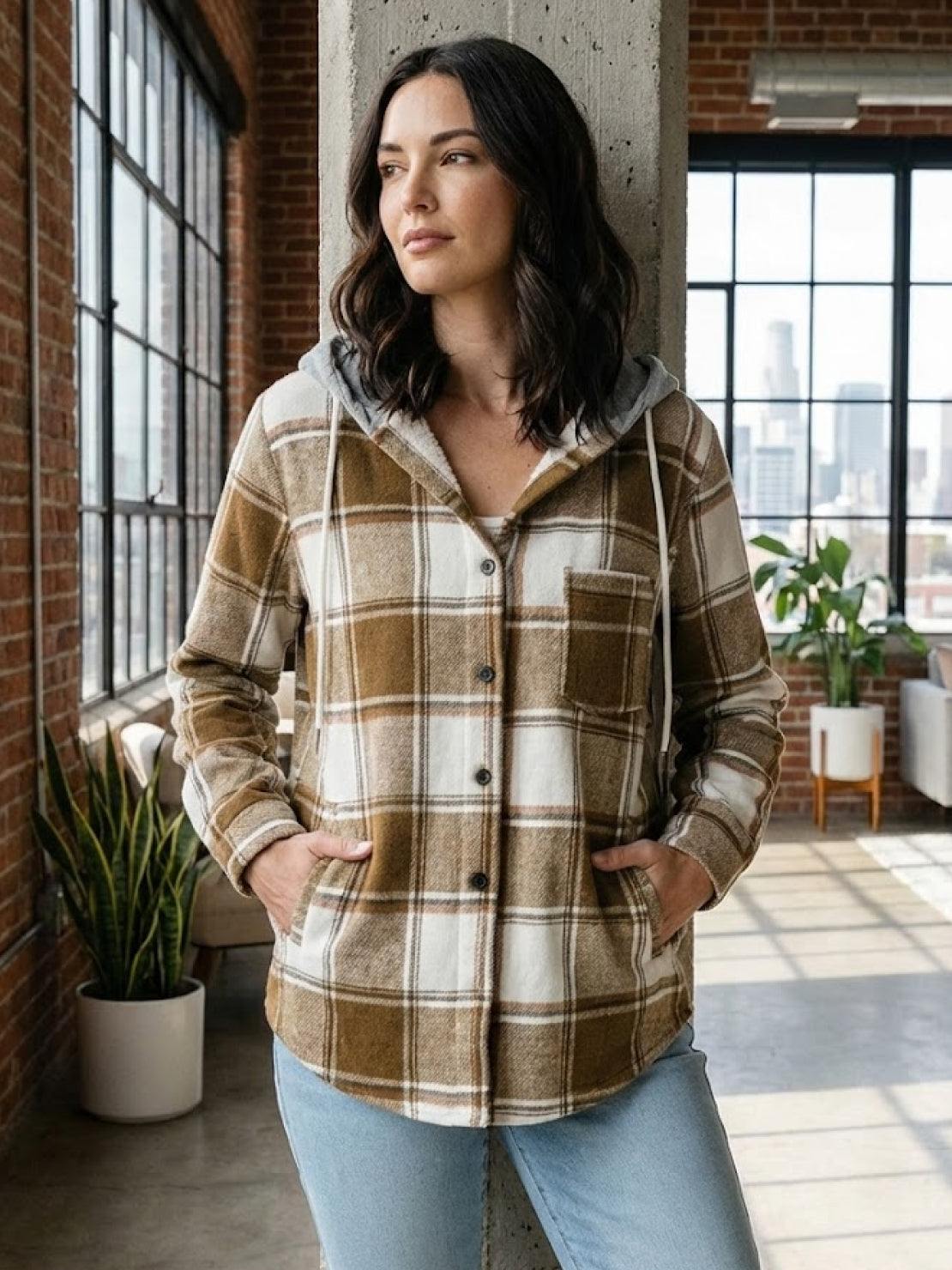 Highland Plaid Shacket cozy plaid overshirt with fleece lining and hooded design for cool weather layering