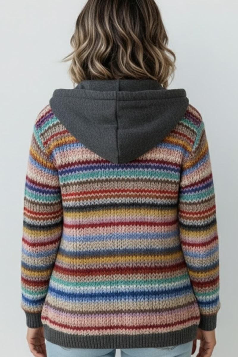 Back view of a person wearing Highland Plaid Shacket with multicolor striped pattern and grey hood