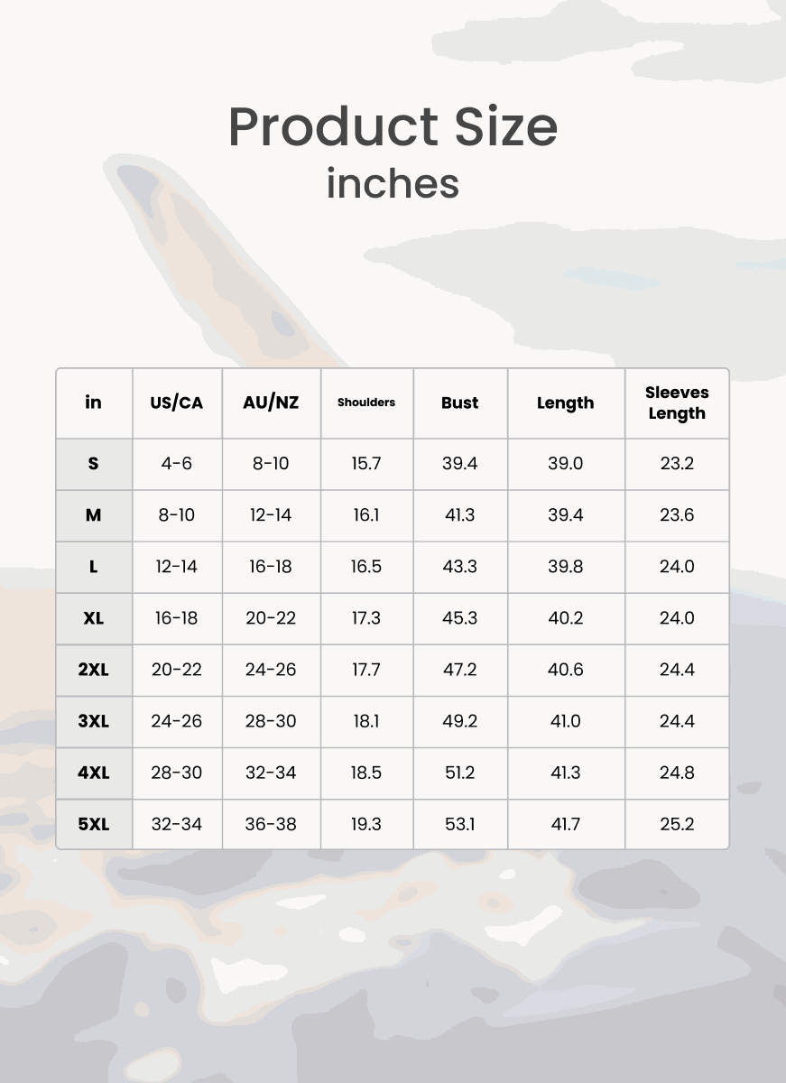 Size chart for Oversized Long Zip Sweatshirt hoodie showing measurements in inches for US/CA and AU/NZ sizes including shoulders, bust, length, and sleeve length